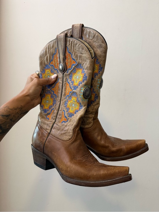 Corral Shoes - Corral Brown Leather Cowboy Boots with Blue & Yellow Embroidery and Silver